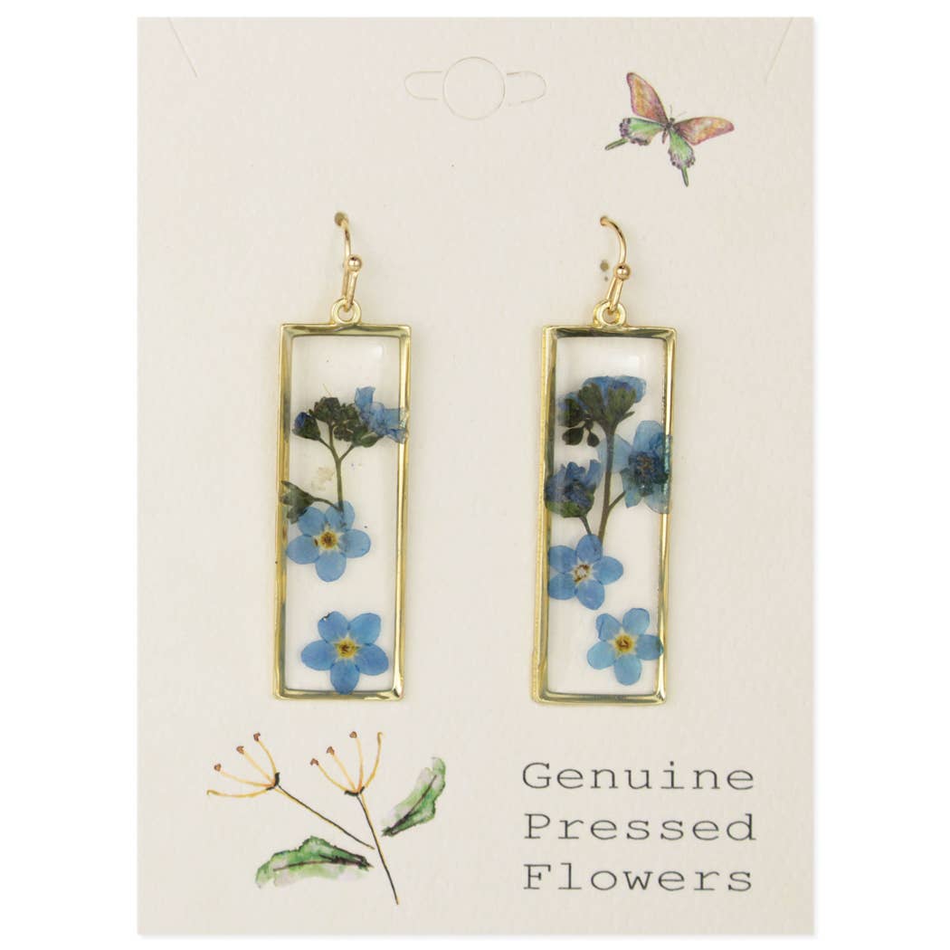 Gold Bar Blue Dried Flower Gold Earrings