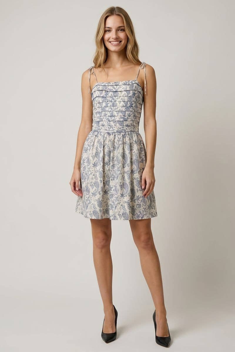 PLEATED TORSO FIT AND FLARE MINI DRESS