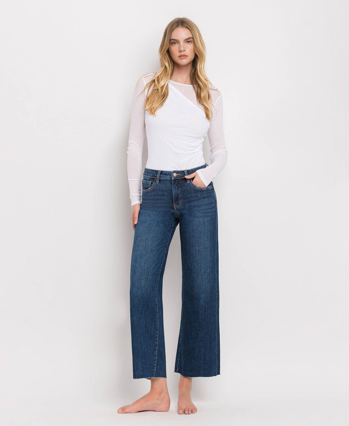 TUMMY CONTROL MID RISE DARK WASH WIDE LEG JEANS LV131