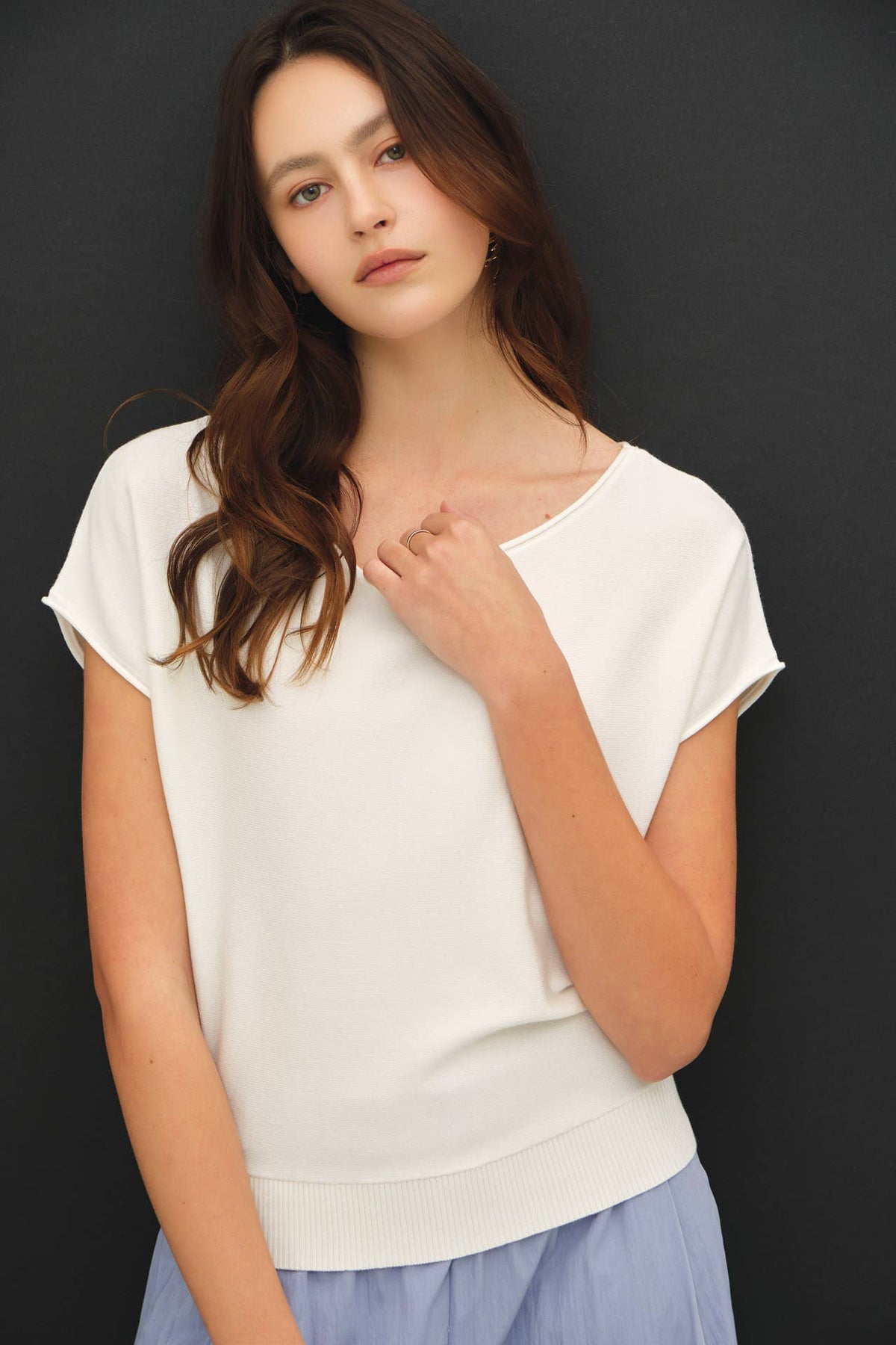 BOAT NECK CAP SLEEVE FINE SWEATER TOP