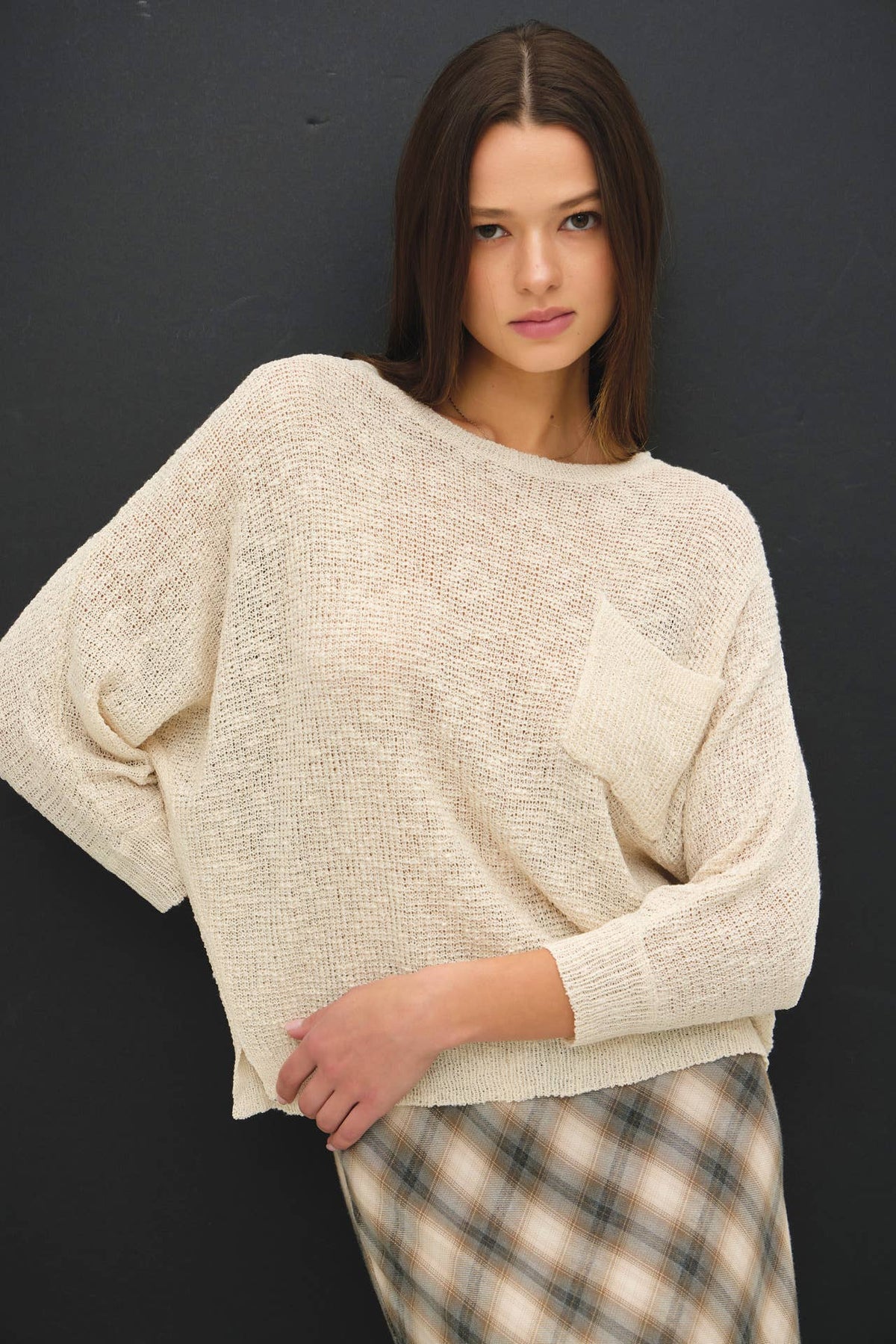 NEW COLOR-FRONT POCKET DOLMAN LONG SLEEVE KNIT SWEATER
