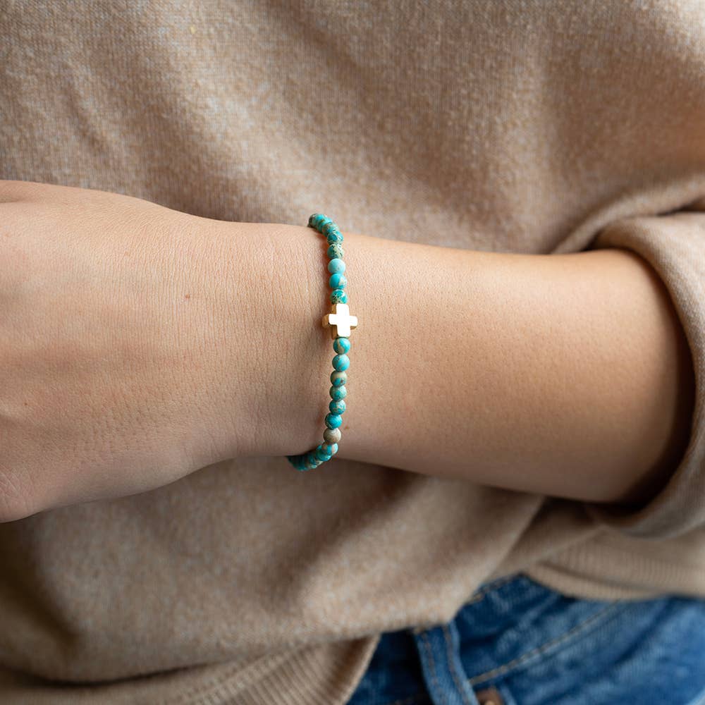 Faith Over Fear Turquoise Jasper Stretch Bracelet w/ Cross