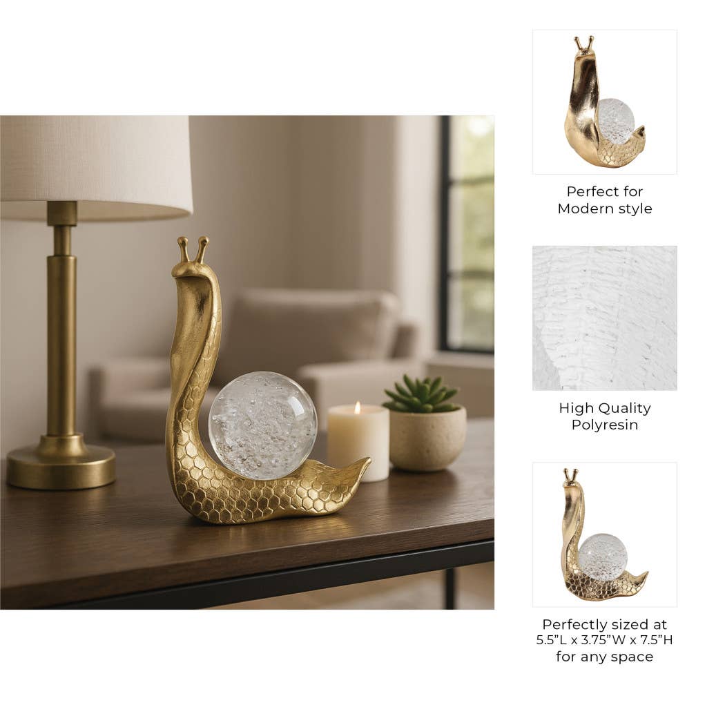 Decorative Figurine - Gold Resin Snail Glass Ball, 8 in.