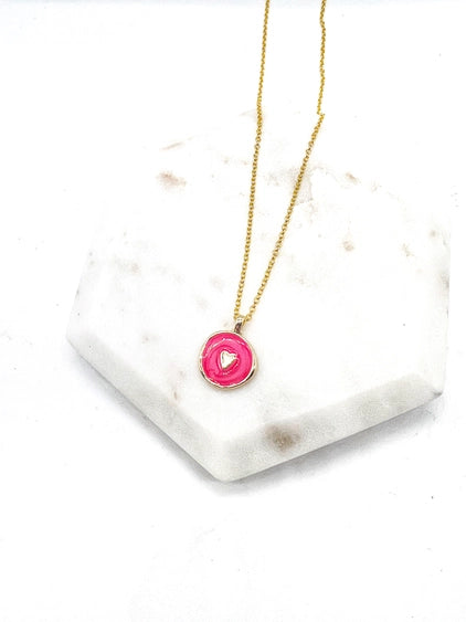 Pink Heart Round Charm Gold Necklace
