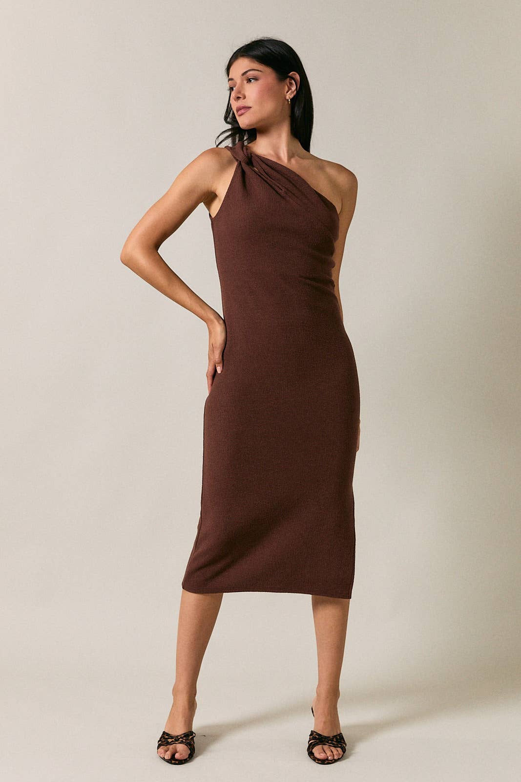 ASYMMETRIC ONE SHOULDER CUT OUT NECKLINE MIDI DRESS