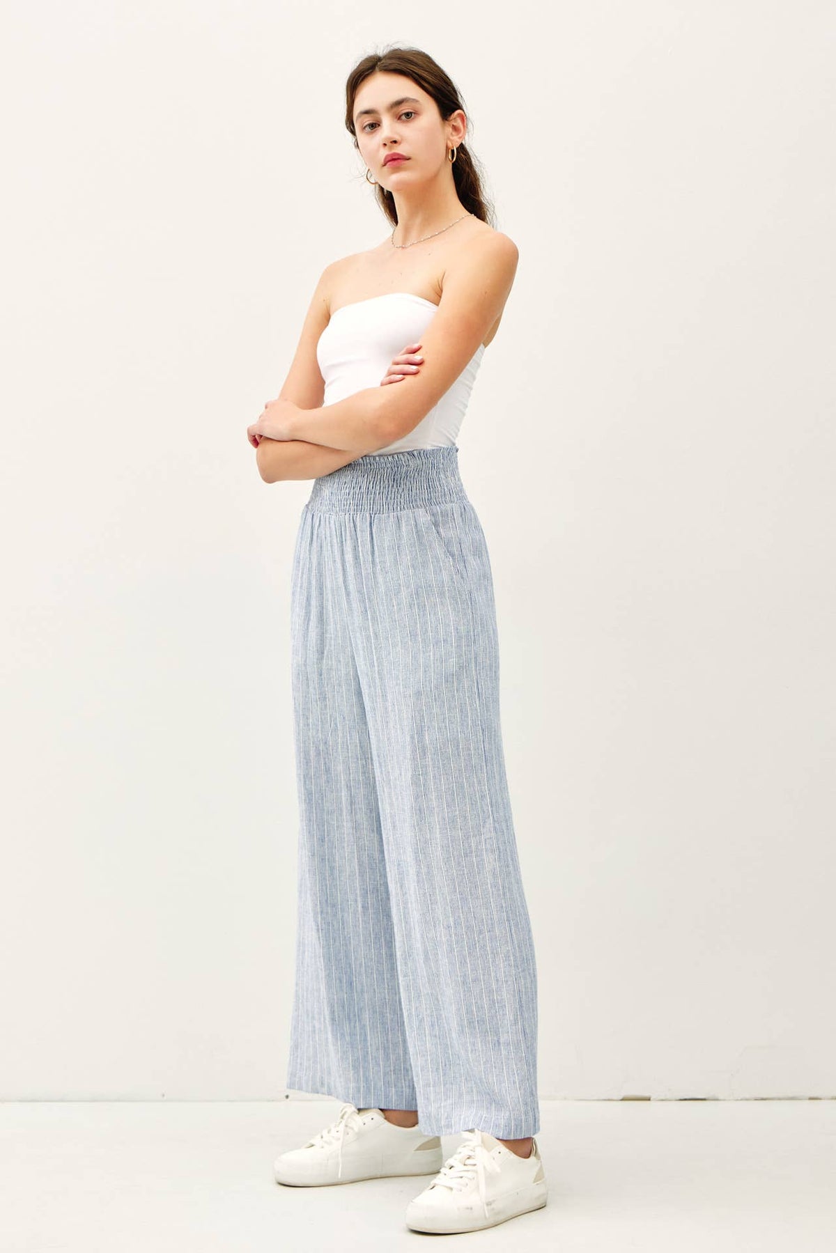 STRIPED LINEN BLEND WIDE LEG PANTS