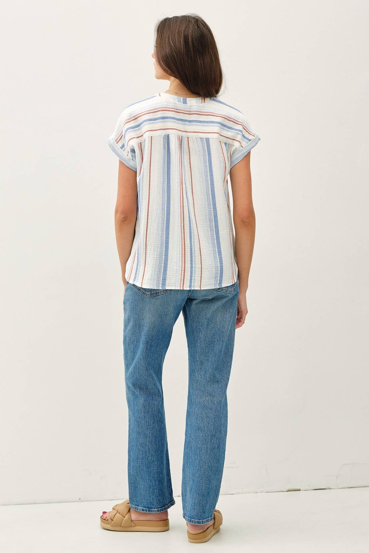 STRIPED, GAUZY BUTTON UP CAP SLEEVE TOP