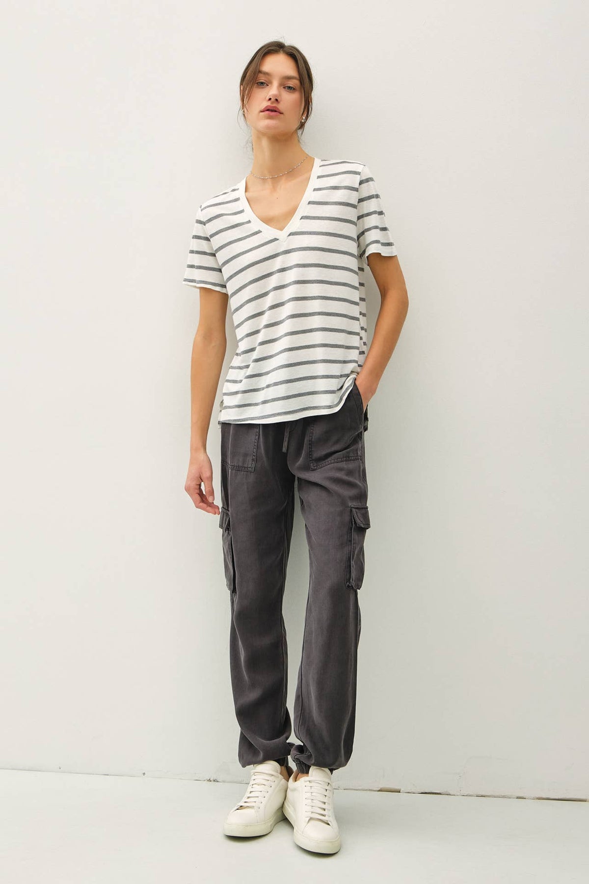 COTTON LINEN BLEND RELAXED FIT STRIPED T-SHIRT