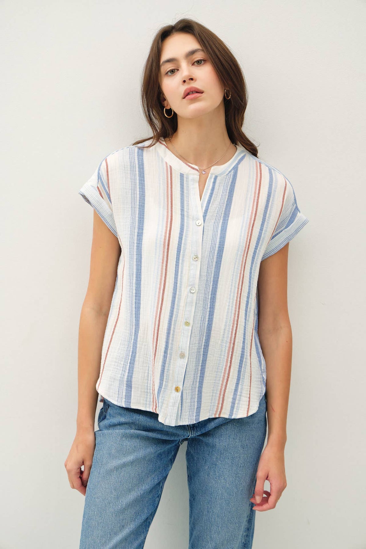 STRIPED, GAUZY BUTTON UP CAP SLEEVE TOP