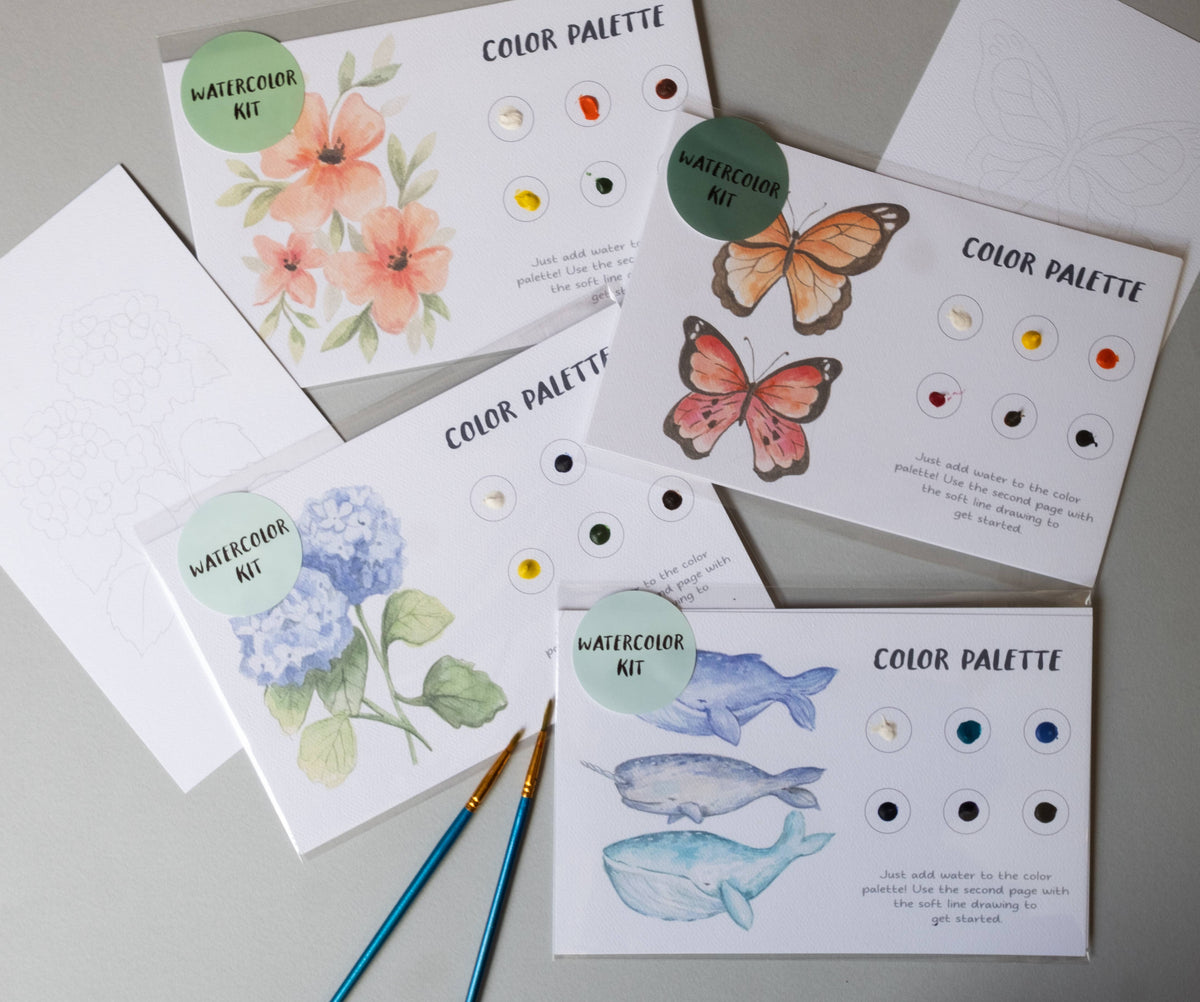 Floral Watercolor Painting Art Kit with Outline page