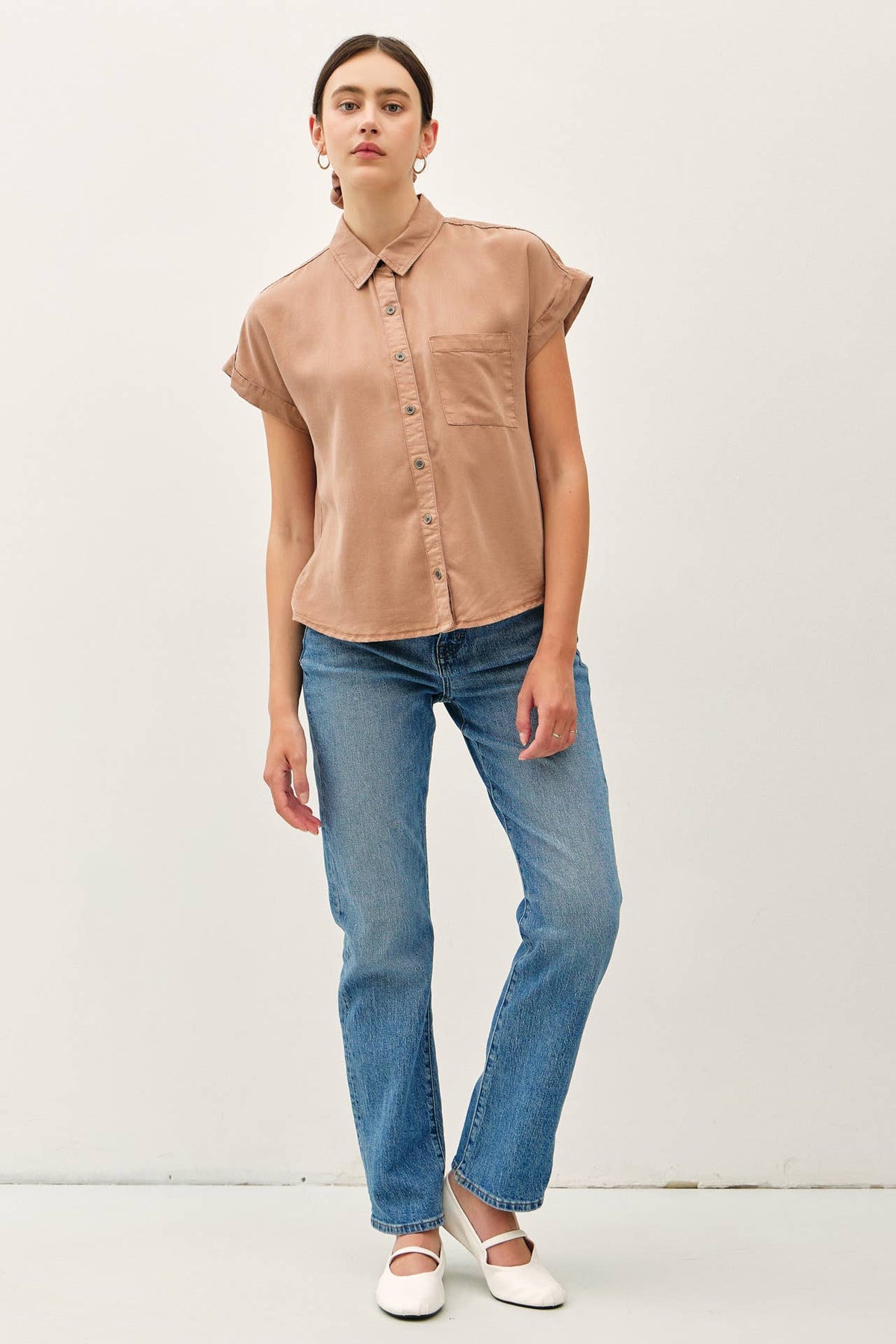 TENCEL SHORT DOLMAN SLEEVE BUTTON DOWN SHIRT