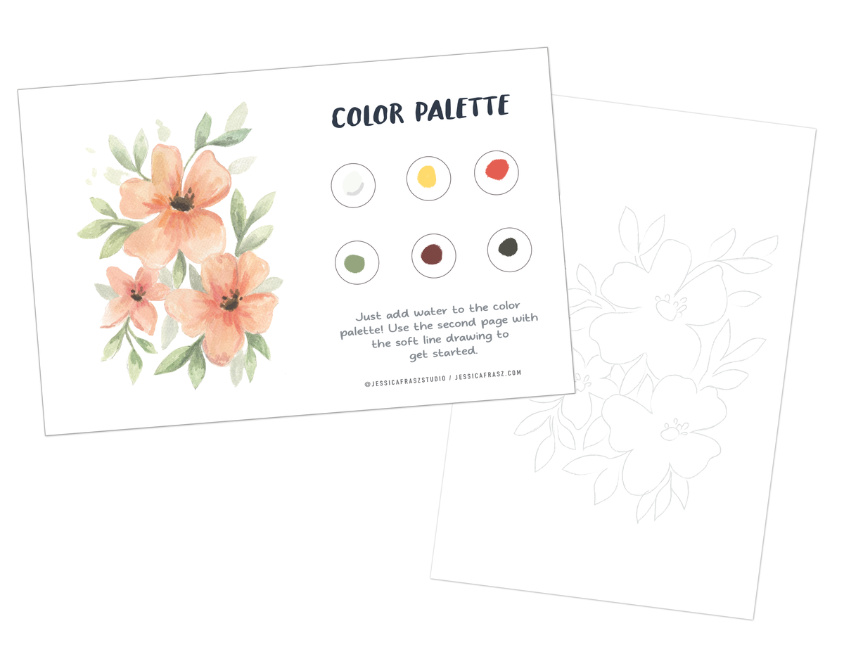 Floral Watercolor Painting Art Kit with Outline page