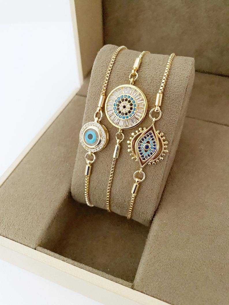 Evil Eye Bracelet, Adjustable Bracelet, Cz Bracelet
