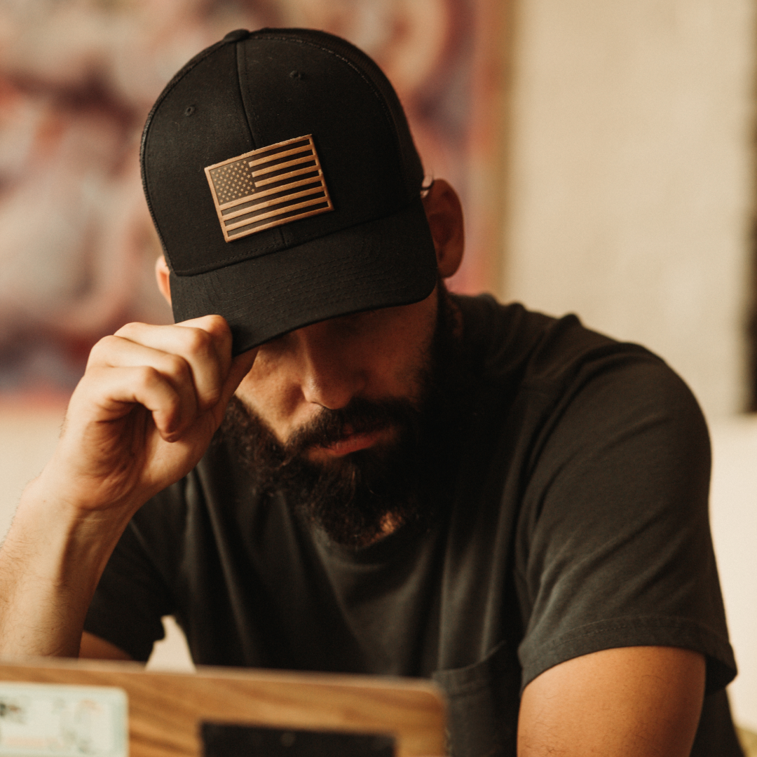 American Flag Hat - Leather Patch Trucker Snapback