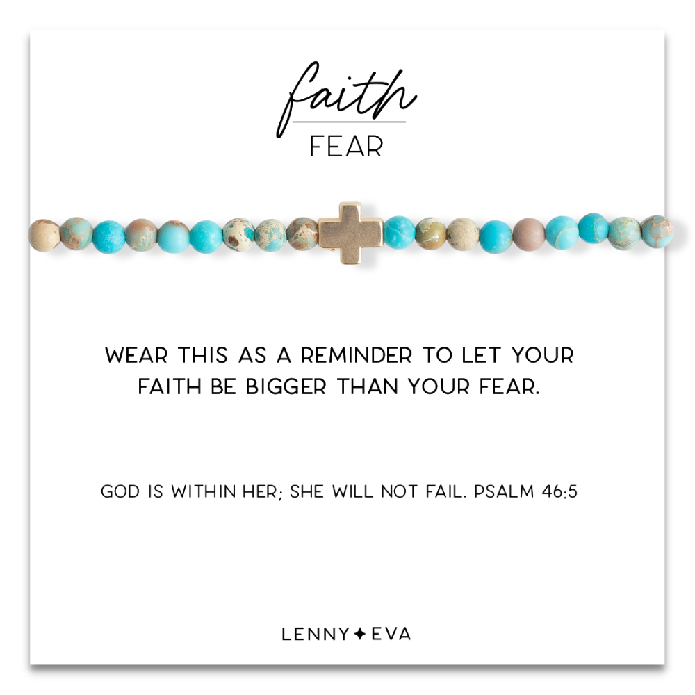 Faith Over Fear Turquoise Jasper Stretch Bracelet w/ Cross