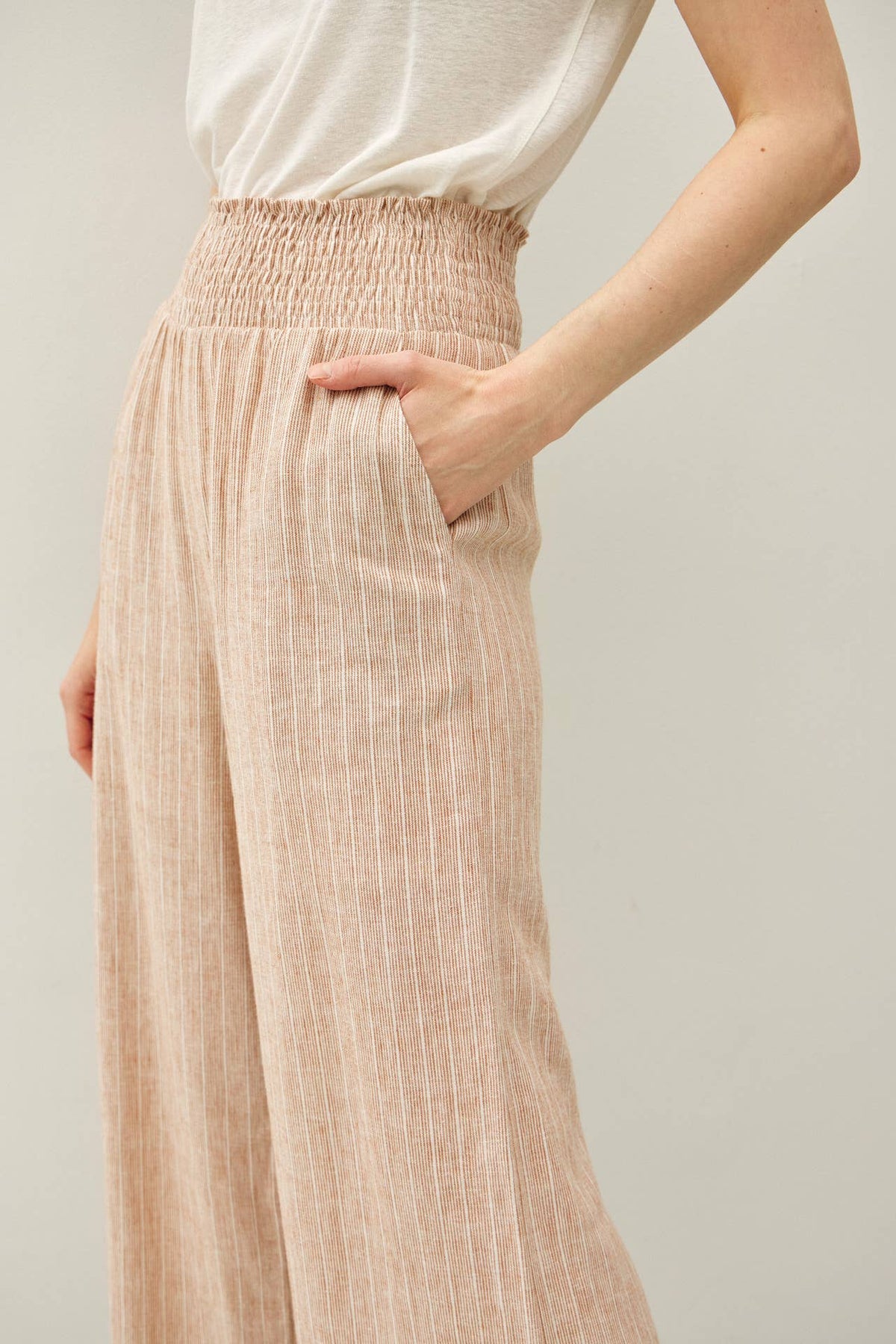 STRIPED LINEN BLEND WIDE LEG PANTS