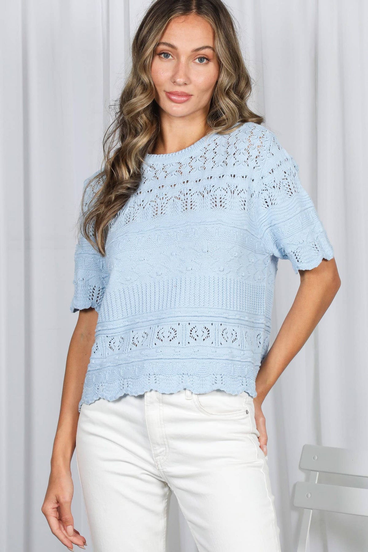 Textured 100% Cotton Crochet Casual Knitted Sweater VT82922