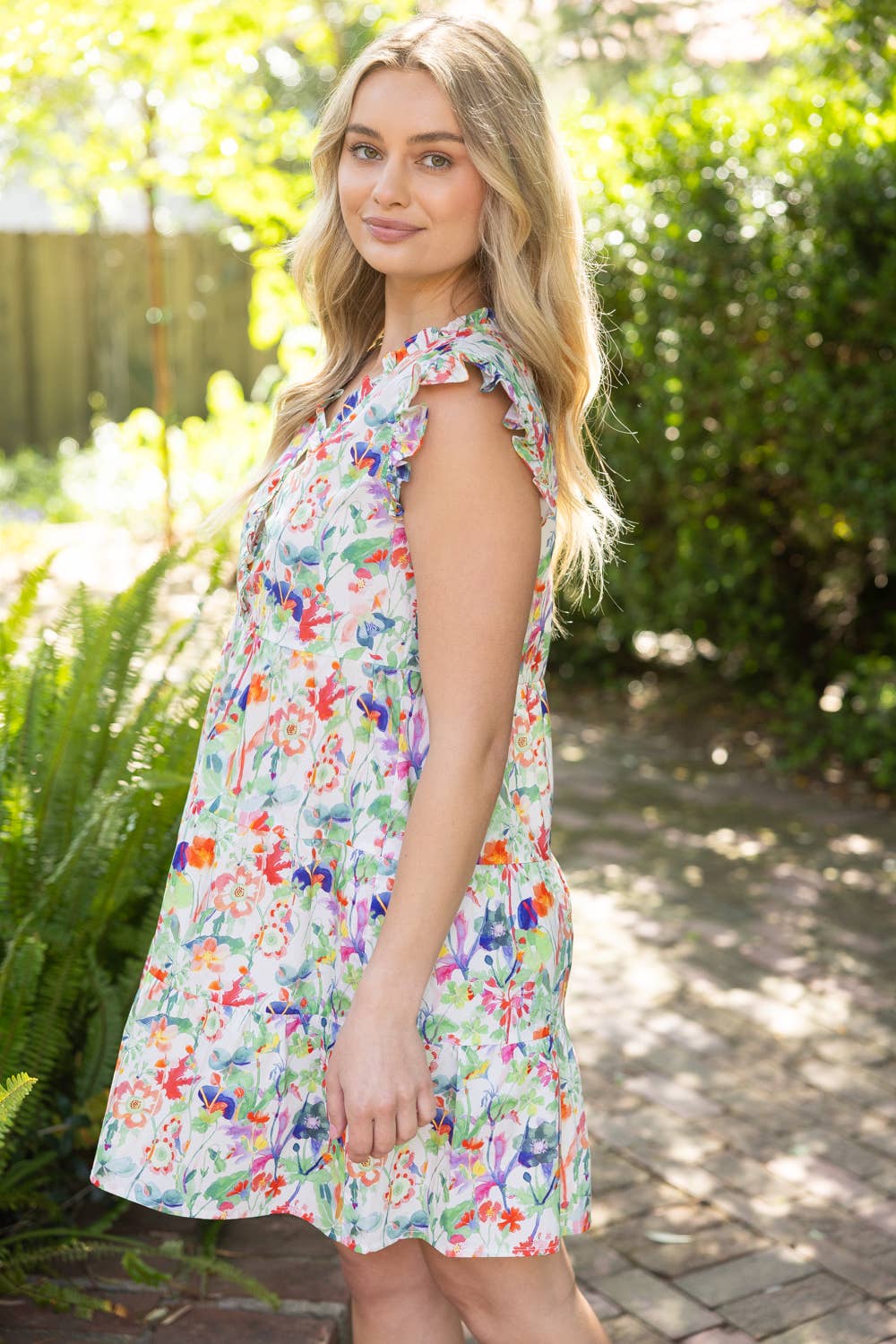 36741 Ruffle Details Tiered Floral Dress