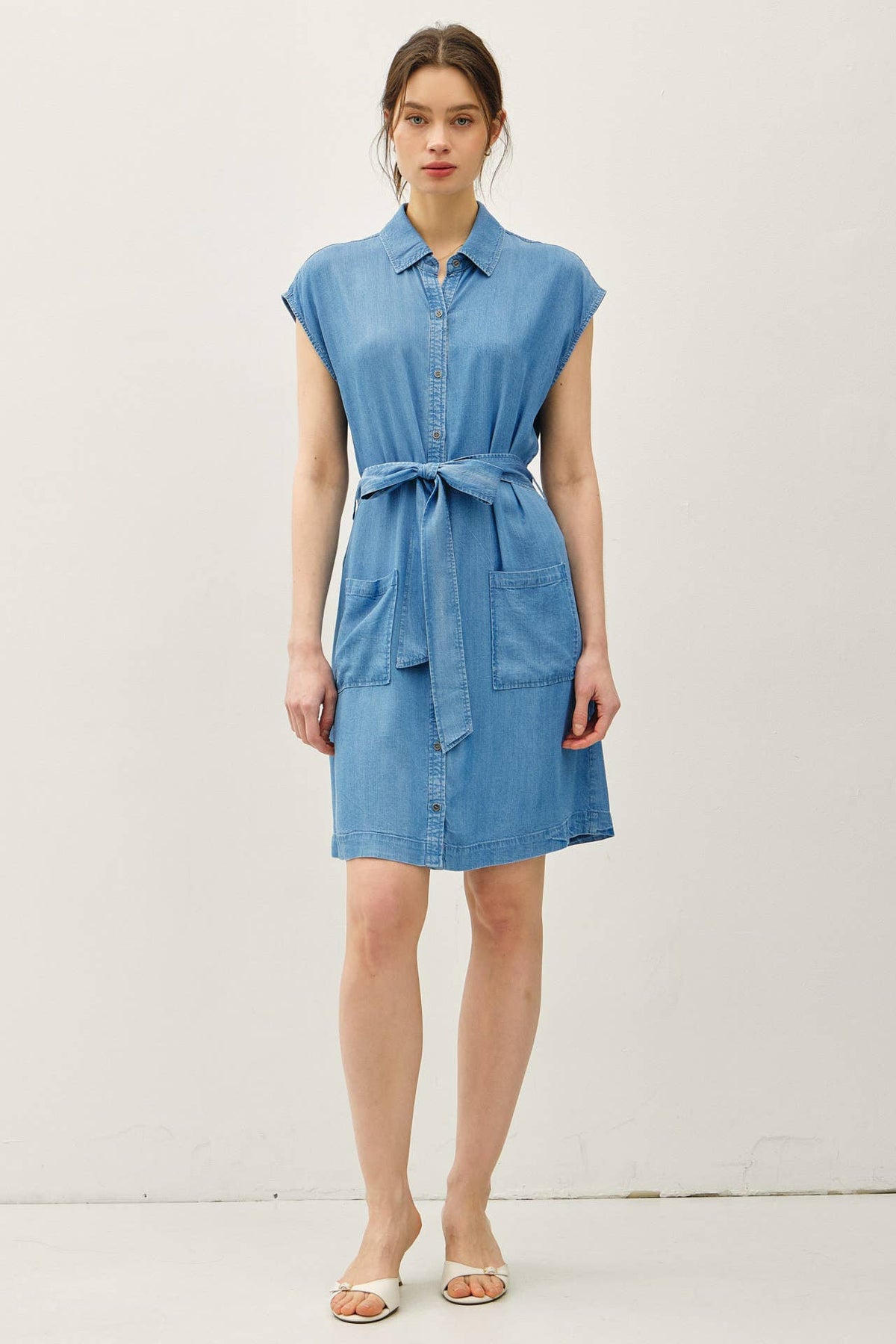 TENCEL BUTTON UP DRESS WITH POCKETS