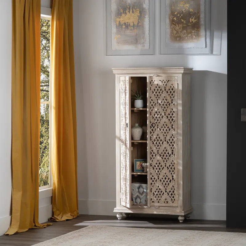 White Wash Wood Lattice Cabinet