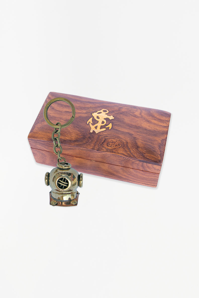 Diving Helmet w/ Copper Keyring & Inlaid Wooden Box, Antiqued Brass