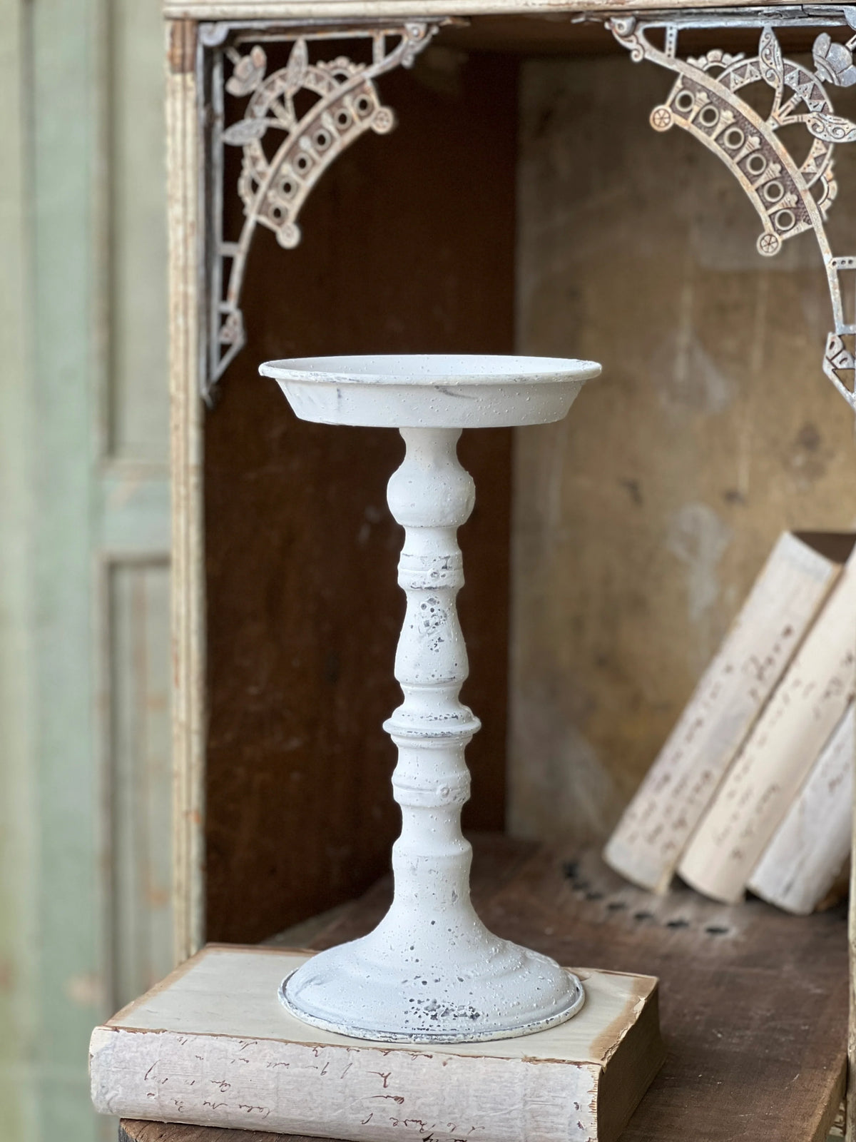 Cream Distressed 12" Candle Holder