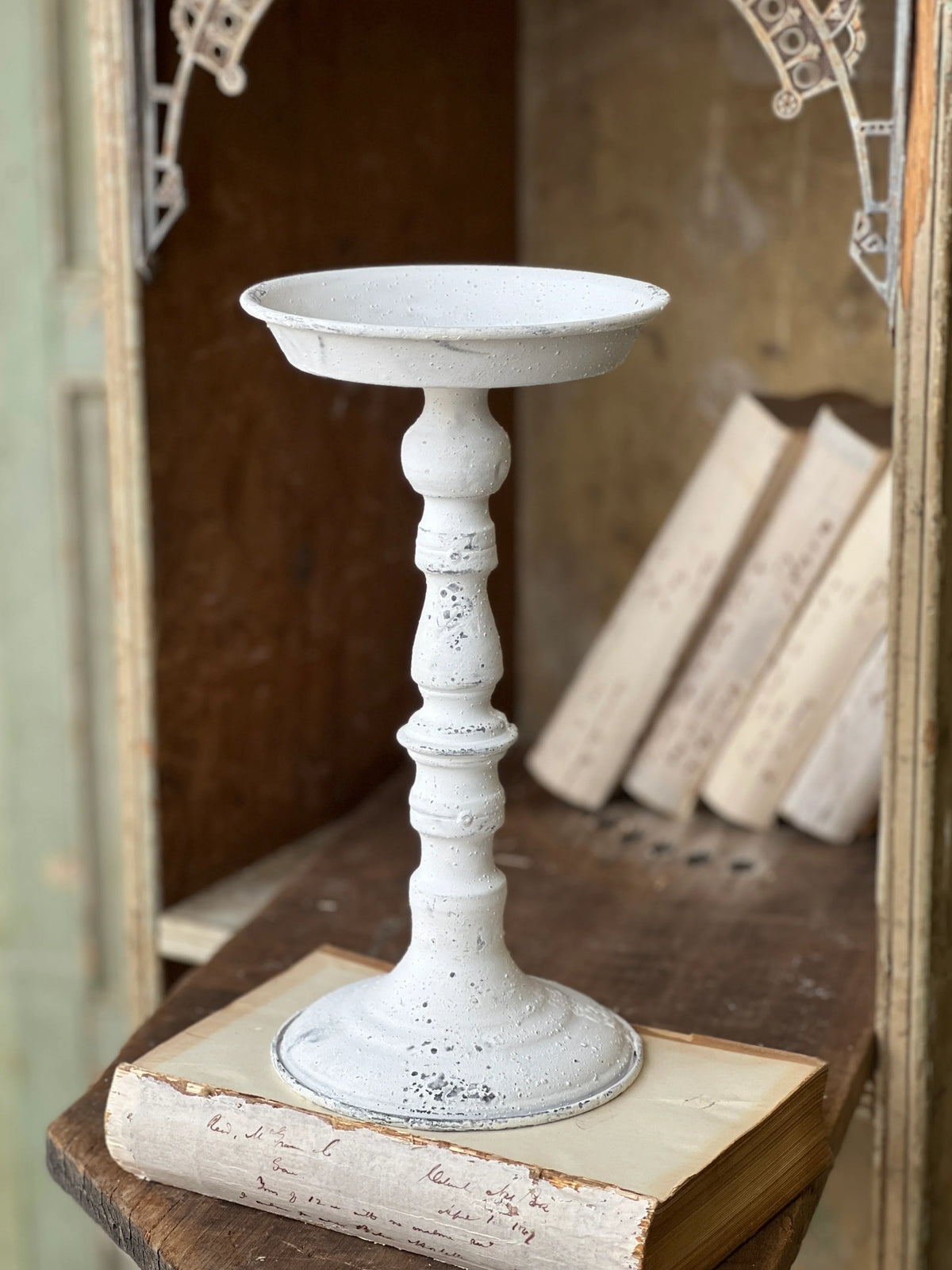 Cream Distressed 12" Candle Holder