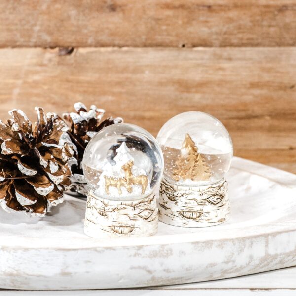 Deer or Tree Tiny Gold Resin & Glass Snow Globes Birch Base - 2 Styles