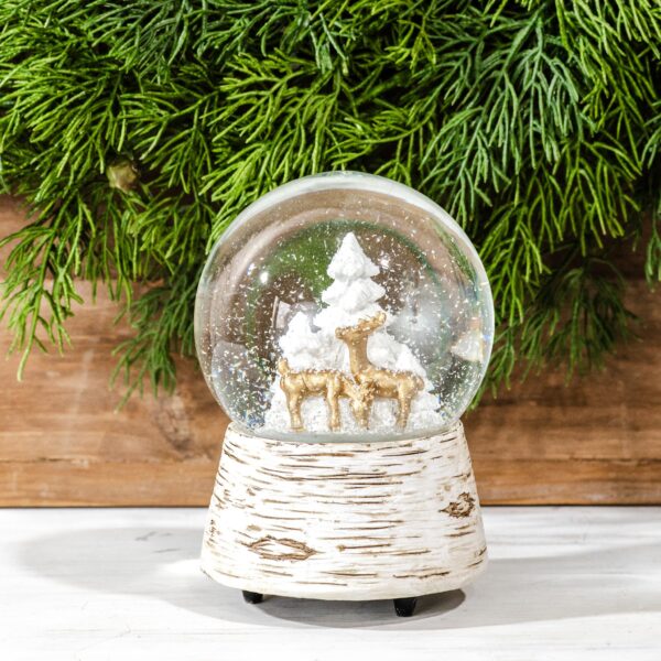 Holiday Musical Snow Globe with Tree & Gold Deer