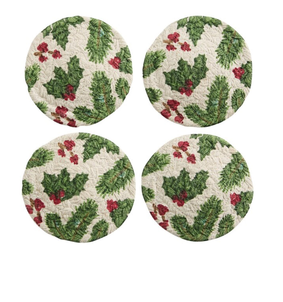 BOUGHS OF HOLLY PRINTED BRAIDED COASTERS SET/4