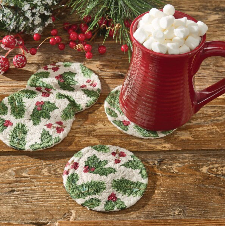 BOUGHS OF HOLLY PRINTED BRAIDED COASTERS SET/4