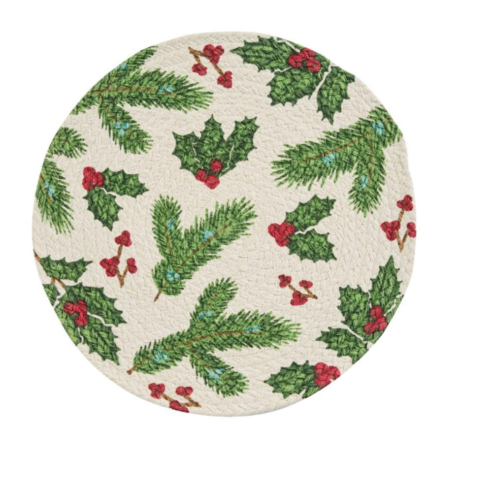 BOUGHS OF HOLLY PRINTED BRAIDED PLACEMAT 15" DIA