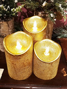 Gold Colored LED Pillar Candle - 3 Sizes, set of 3