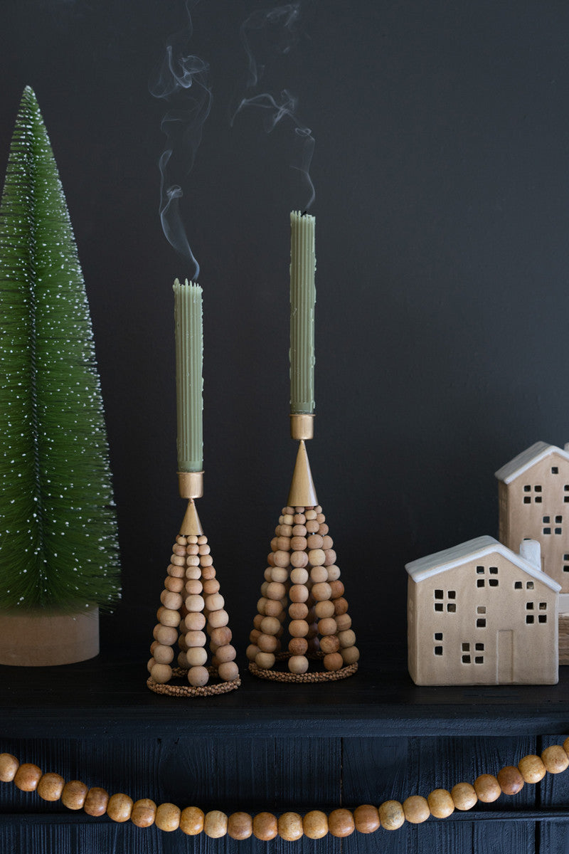 Tree Beaded Wood Table Top Taper Holder - 2 Sizes
