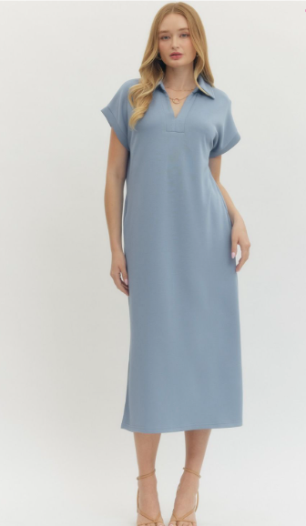 Solid knit split collar short sleeve midi pullover midi dress featuring side slit.
