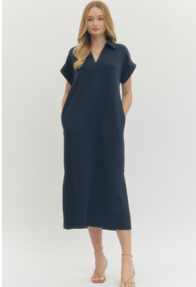 Solid knit split collar short sleeve midi pullover midi dress featuring side slit.