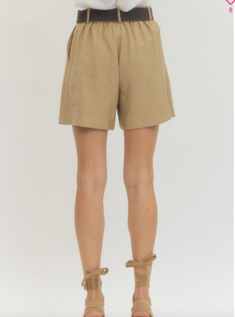 Solid front shorts featuring zip fly with button closure. TAUPE