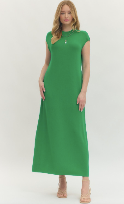 Solid cap sleeve long dress featuring extended shoulder design. Green