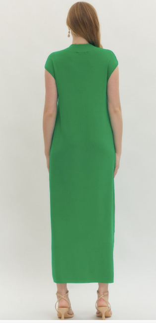 Solid cap sleeve long dress featuring extended shoulder design. Green