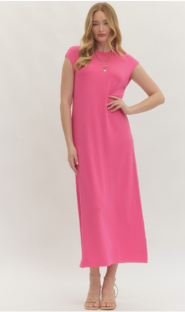 Solid cap sleeve long dress featuring extended shoulder design. Pink