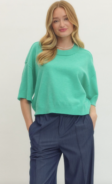 Solid sweater knit ¾ wide sleeve pullover. Unlined. Knit. Non-sheer. Lightweight. MINT