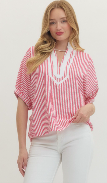 Striped short dolman sleeve top featuring contrast V-neck panel detail. PINK