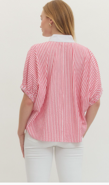 Striped short dolman sleeve top featuring contrast V-neck panel detail. PINK