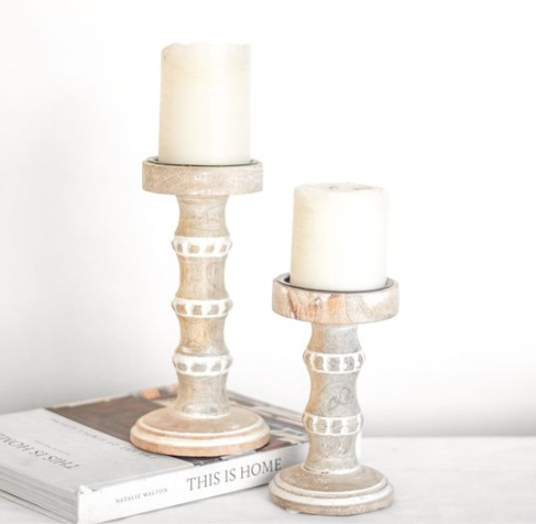 White Washed Bead Patterned Candle Holder - 2 Sizes