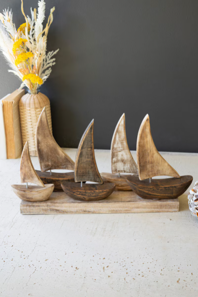 Five Wooden Sailboats on a Base