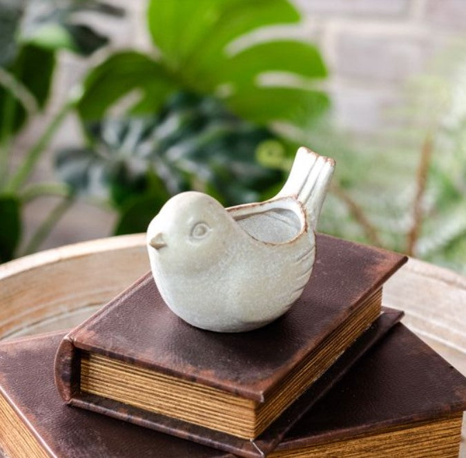 Tan & White Wash Bird 4" Pot
