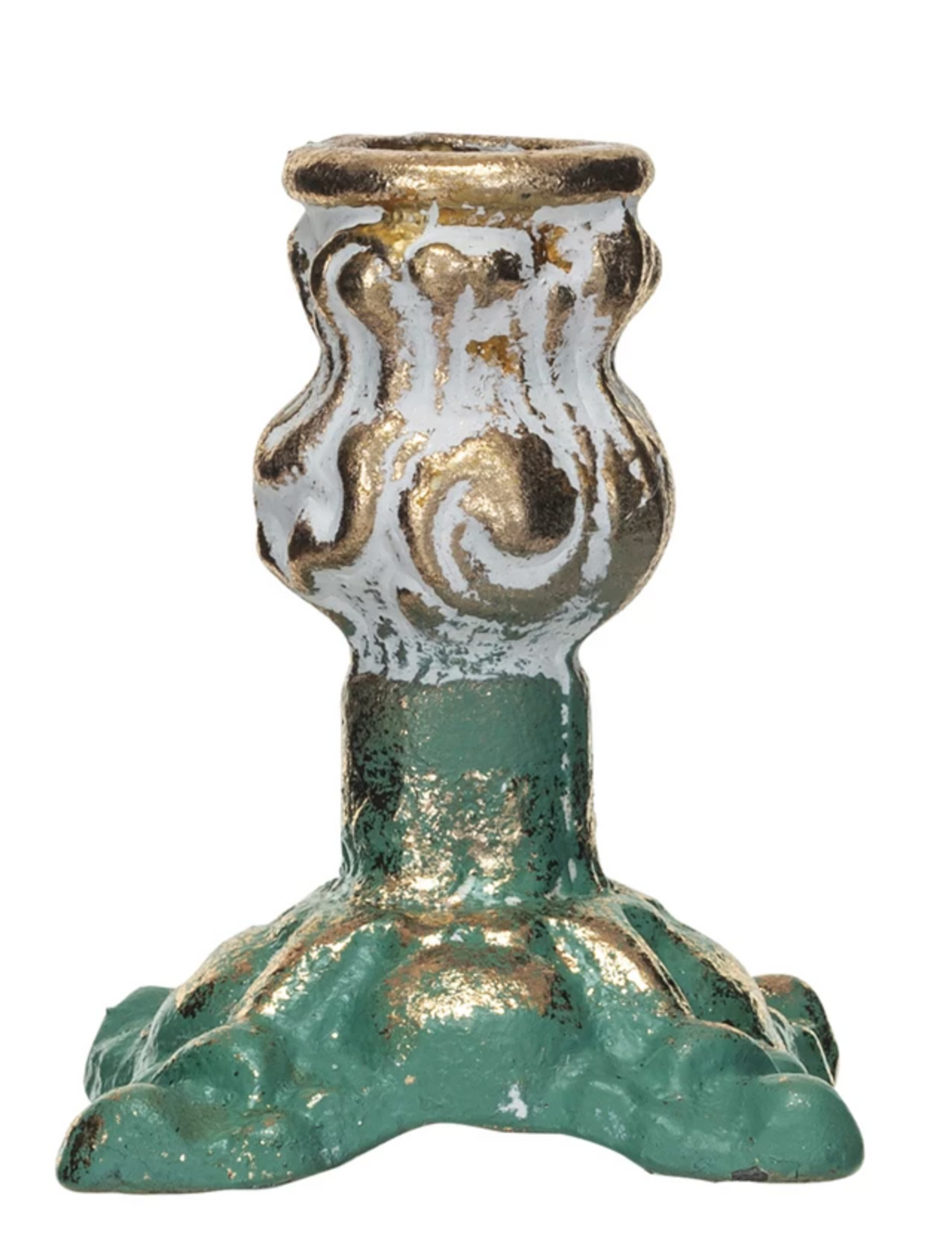 Cast Iron Taper Holder, Distressed Finish, Green, Gold & Cream Color