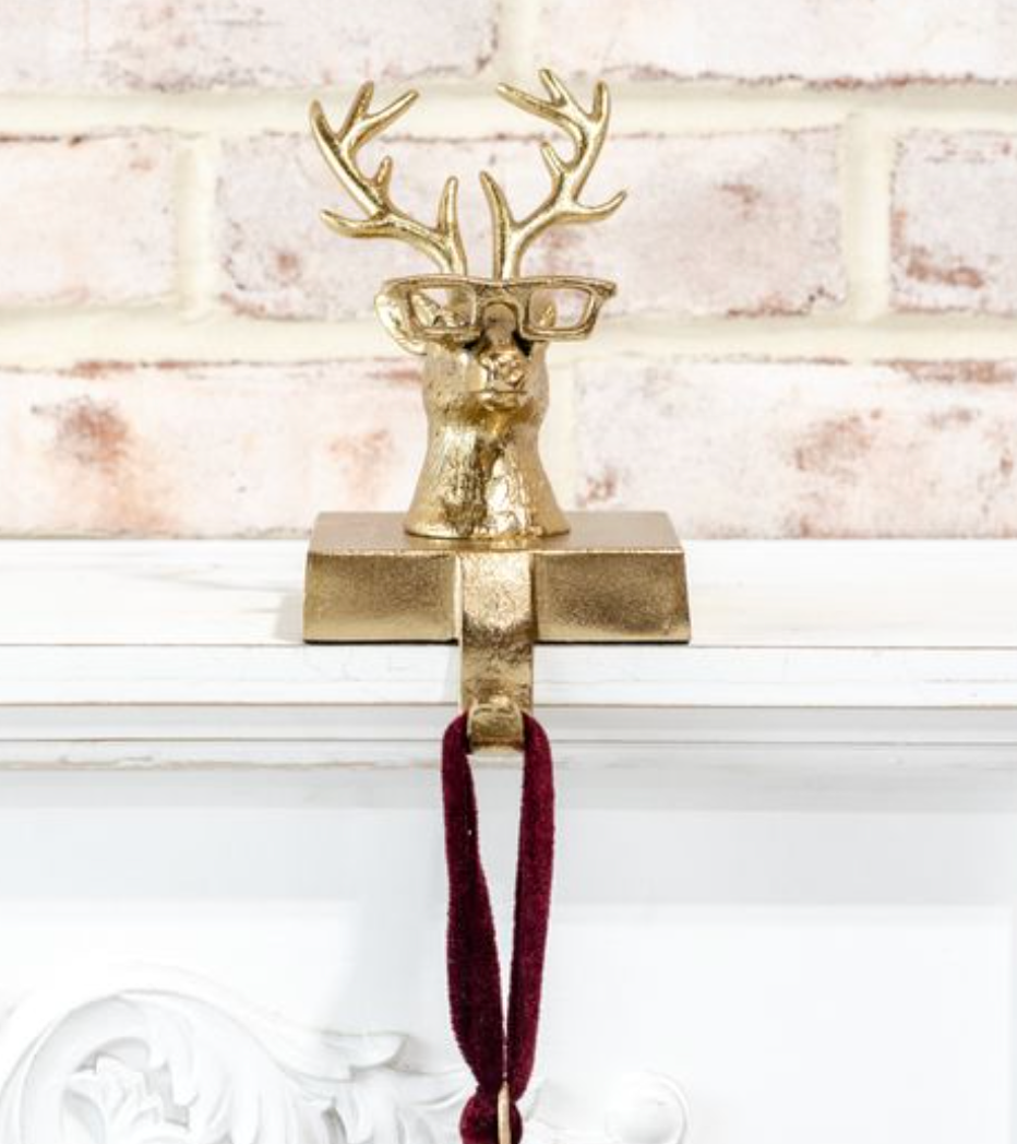 GOLD EYEGLASS REINDEER STOCKING HOLDER