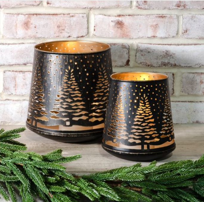S/2 BLK/GOLD TIN TREE LANTERNS