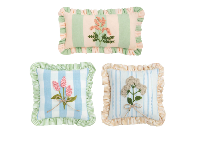 Green Check Ruffle
Floral Embroidered Pillow